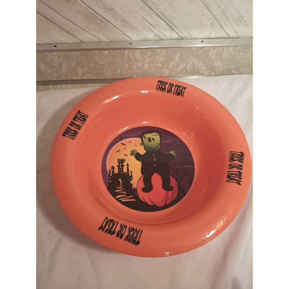 Vintage Halloween Frankenstein Orange Candy Bowl Trick R Treat Pumpkin Castle